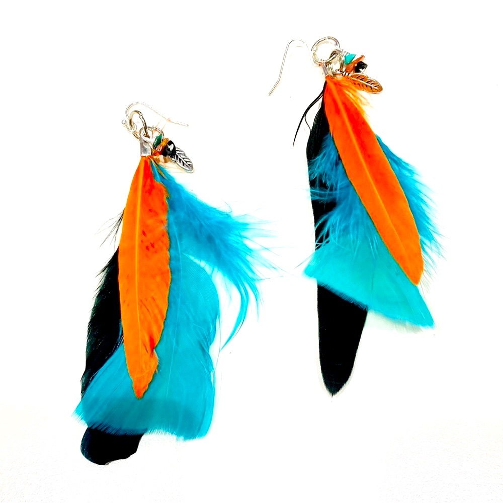 Handcrafted Orange Aqua Black Feather Earrings Avante Garde Western